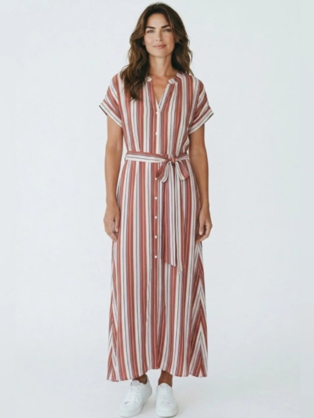 NWT LOFT Striped White Red Button-Down with Pockets Maxi Dress Size 0 - Picture 6 of 16